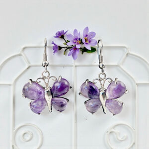 Butterfly Amethyst Drop Earrings Purple Gemstone Sterling Silver Artisan